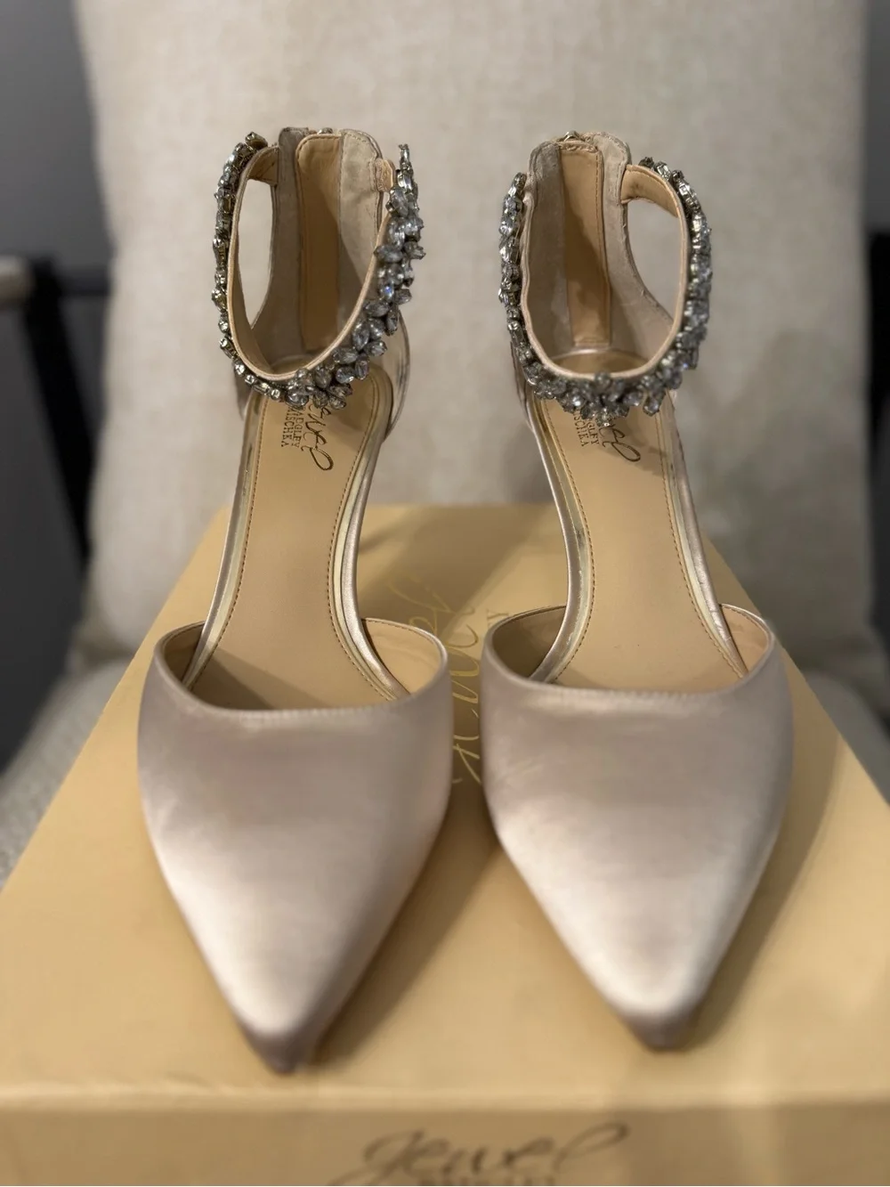 Jewel Badgley Mischka Champagne Satin Jeweled Ankle-Strap Stilettos